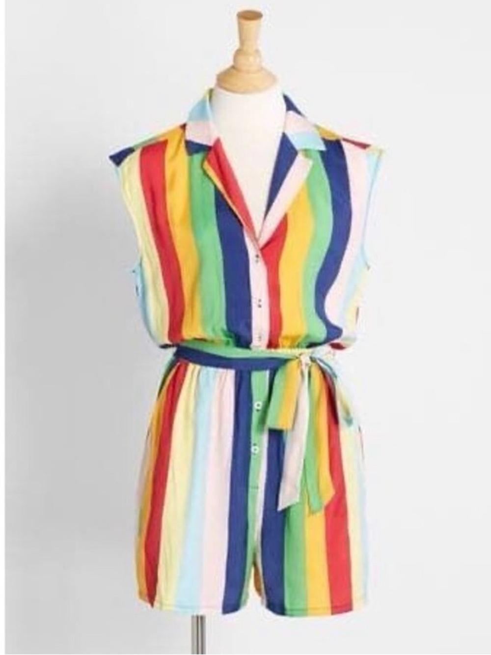 ModCloth 1X Read It and Steep Rainbow Stripes Sleeveless Shorts Romper